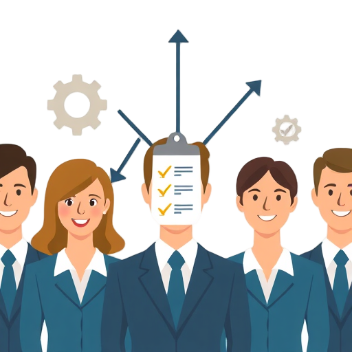 "business team" "flowchart arrows" "gear icons" "clipboard checklist" "office building"