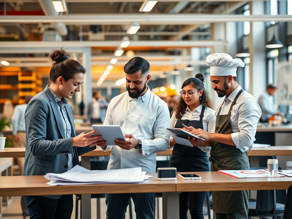 "modern office workspace" "diverse professionals collaborating" "blueprints and digital tablets" "construction site in background" "restaurant chef and waiter coordinating" "flowcharts and data graphs" "bright, organized, efficient atmosphere"