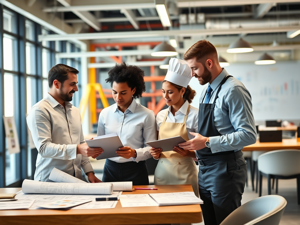 "modern office workspace" "diverse professionals collaborating" "blueprints and digital tablets" "construction site in background" "restaurant chef and waiter coordinating" "flowcharts and data graphs" "bright, organized, efficient atmosphere"