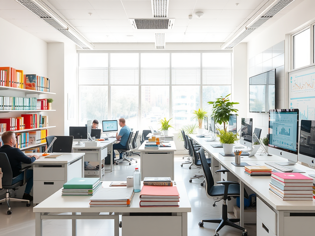 A bright, organized workspace with "clean desks," "color-coded folders," "calm, focused people," "digital screens showing charts," and "natural light flooding the room."