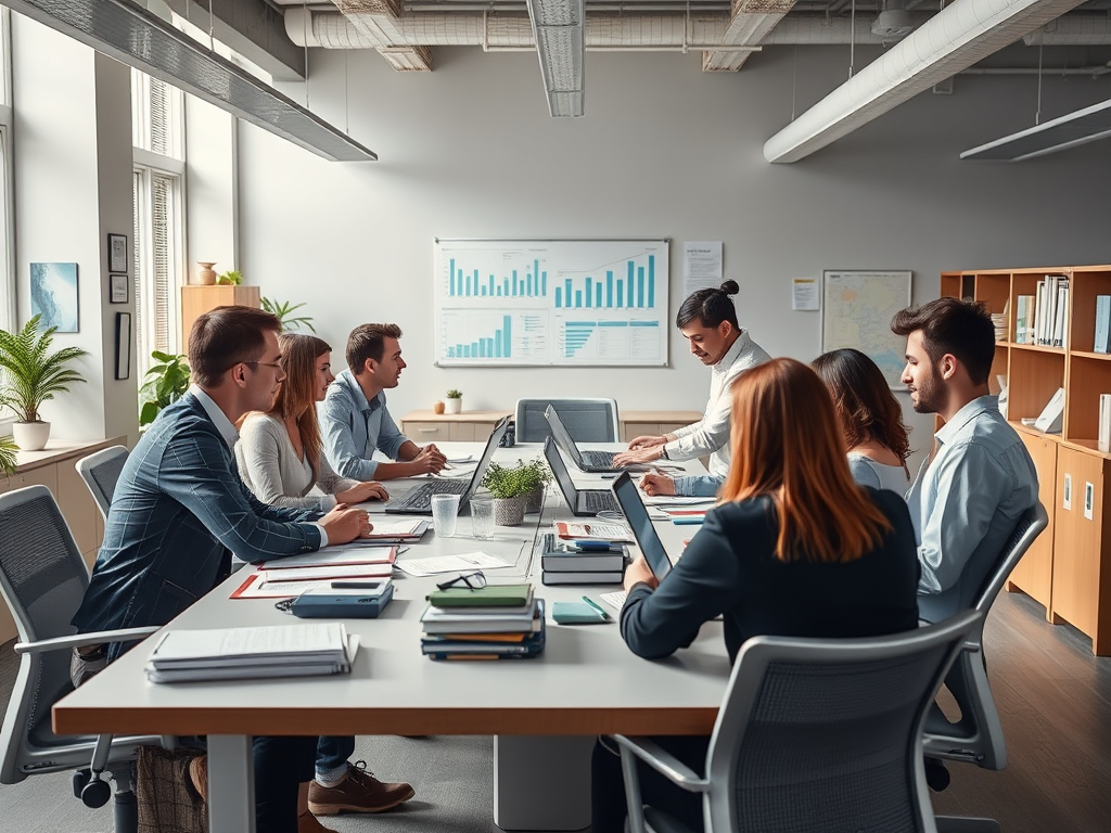 "a dynamic office scene" with "a calm, focused team around a large table" and "charts, organized files, and digital devices" showing "order and productivity" in "bright, inspiring lighting."
