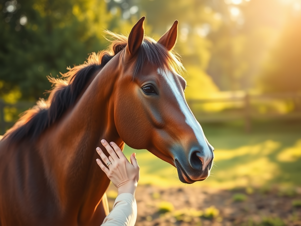 "A serene horse in a sunlit paddock" "a gentle hand softly touching its neck" "calm, natural surroundings with lush greenery" "warm, golden light highlighting peaceful connection" "subtle motion suggesting improved comfort and ease"