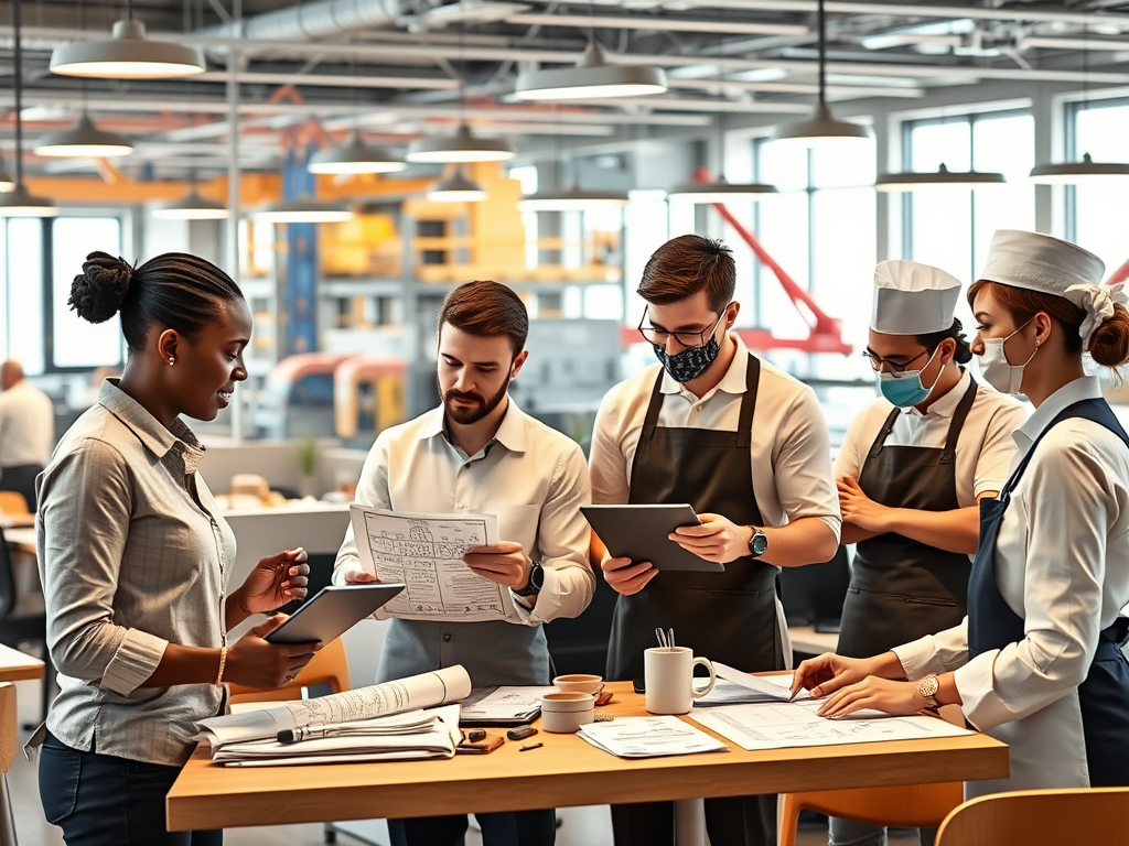 "modern office workspace" "diverse professionals collaborating" "blueprints and digital tablets" "construction site in background" "restaurant chef and waiter coordinating" "flowcharts and data graphs" "bright, organized, efficient atmosphere"