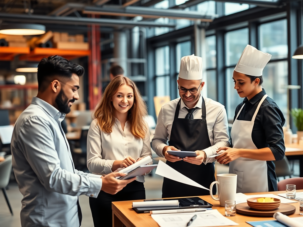 "modern office workspace" "diverse professionals collaborating" "blueprints and digital tablets" "construction site in background" "restaurant chef and waiter coordinating" "flowcharts and data graphs" "bright, organized, efficient atmosphere"