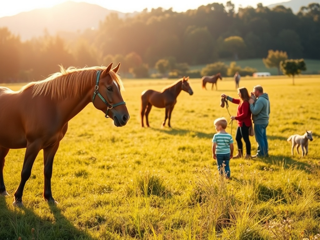 A peaceful countryside scene with "horses grazing" in a "sunlit meadow," "small group of people" observing and gently interacting with horses, "nature and learning" atmosphere.
