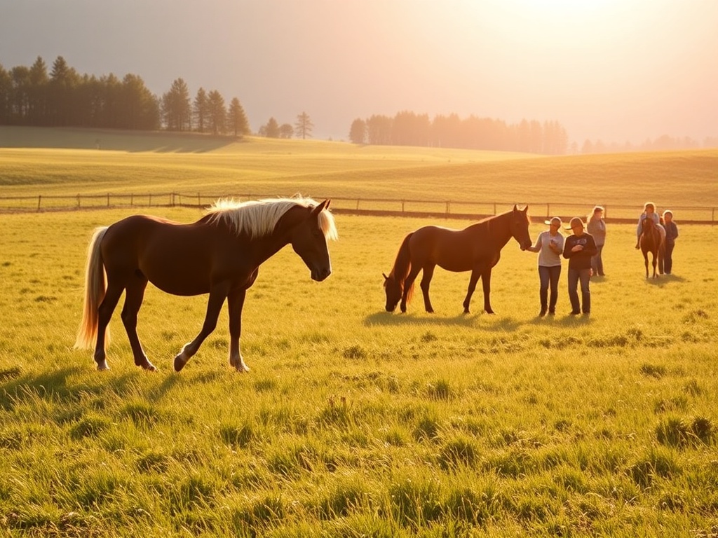 A peaceful countryside scene with "horses grazing" in a "sunlit meadow," "small group of people" observing and gently interacting with horses, "nature and learning" atmosphere.