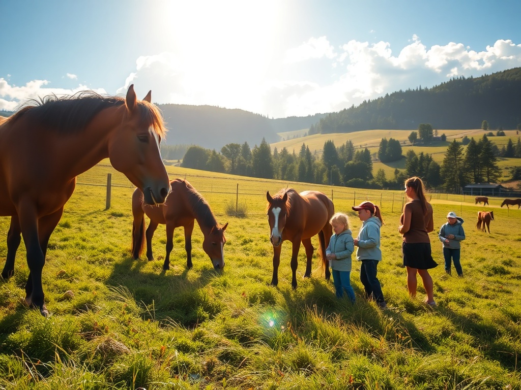 A peaceful countryside scene with "horses grazing" in a "sunlit meadow," "small group of people" observing and gently interacting with horses, "nature and learning" atmosphere.