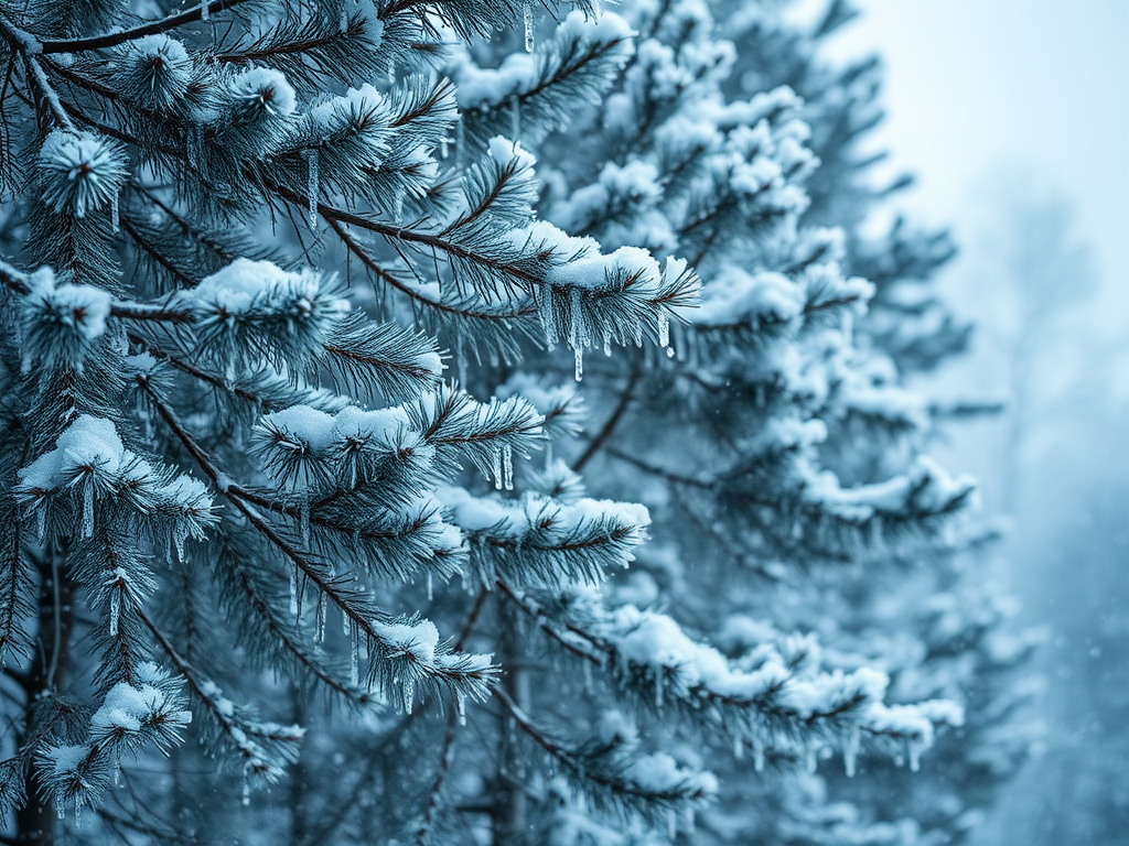 Bevroren dennenbomen bedekt met sneeuw en ijs.