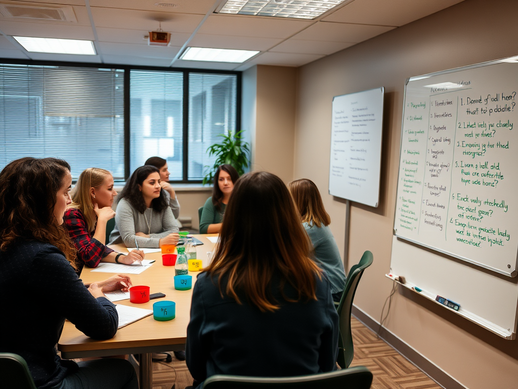 Een rustige workshop met deelnemers in gesprek en een whiteboard.
