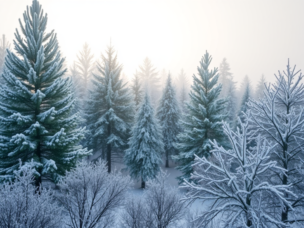 Een serene winterscène met bevroren dennenbomen en sneeuw.