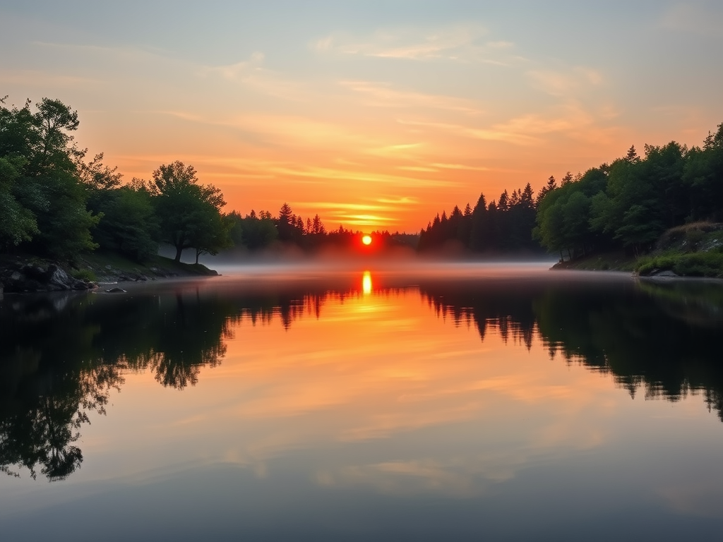 Een rustige zonsopgang boven een kalm meer omringd door bomen.