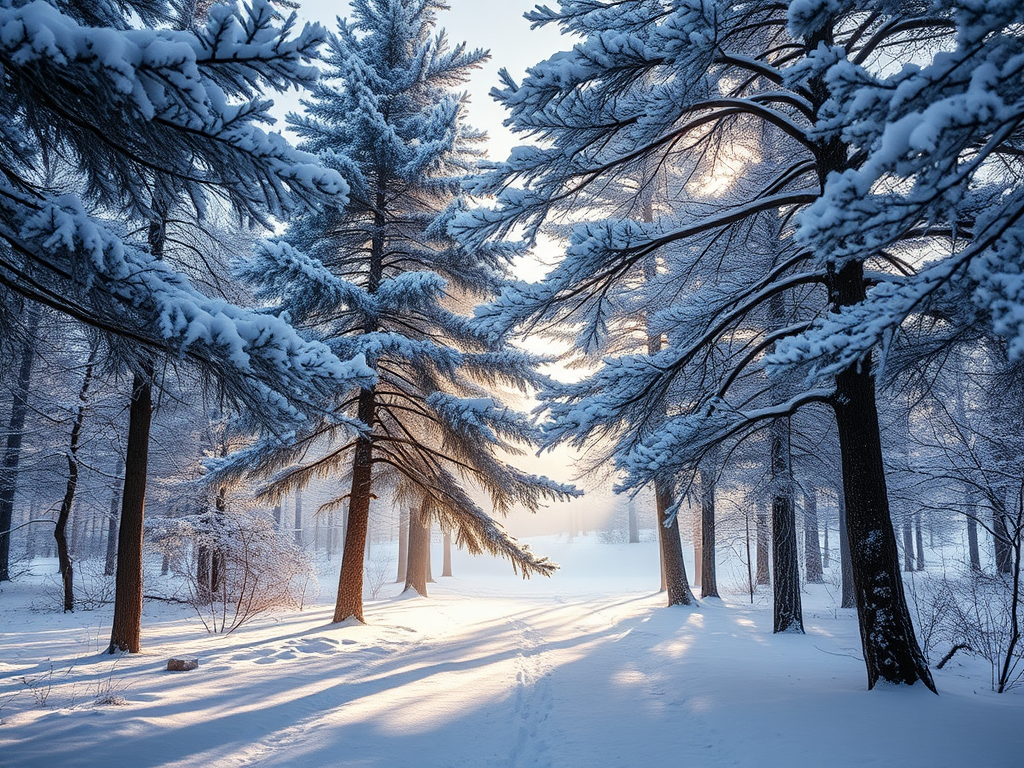 Een serene winterscène met besneeuwde dennenbomen en zachte lichtstralen.