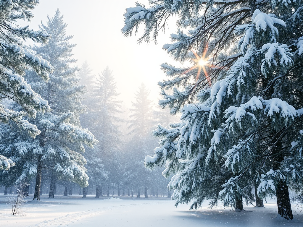 Een vredig winterlandschap met besneeuwde dennenbomen en vallende sneeuw.