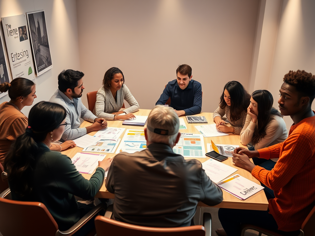 Een diverse groep mensen in een workshop, diep in gesprek.