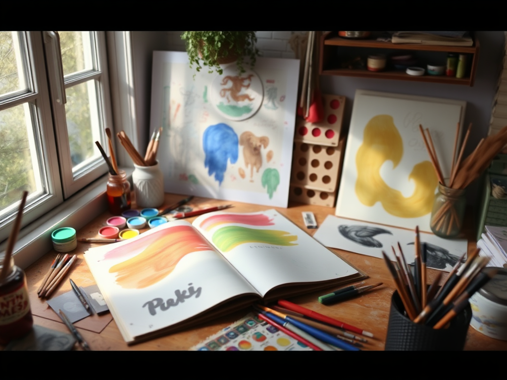 Een serene werkplek met een open kunstjournal en verf.
