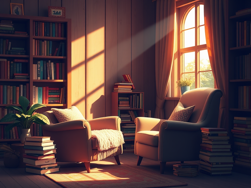 Gezellige leeshoek met fauteuils en boekenstapels.