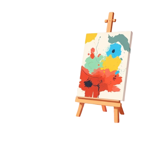 Een abstract schilderij op een ezel met levendige kleuren.