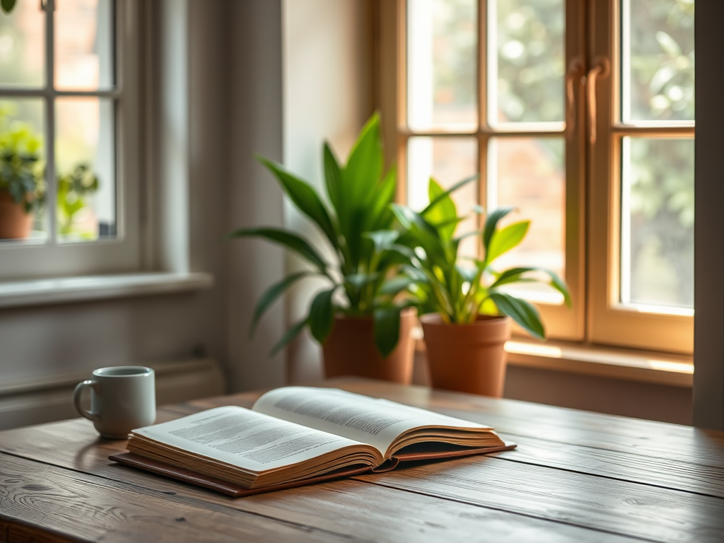 A serene, cozy workspace with "an open book on a wooden desk," soft natural light streaming through "a nearby window," and "green plants" in the background.