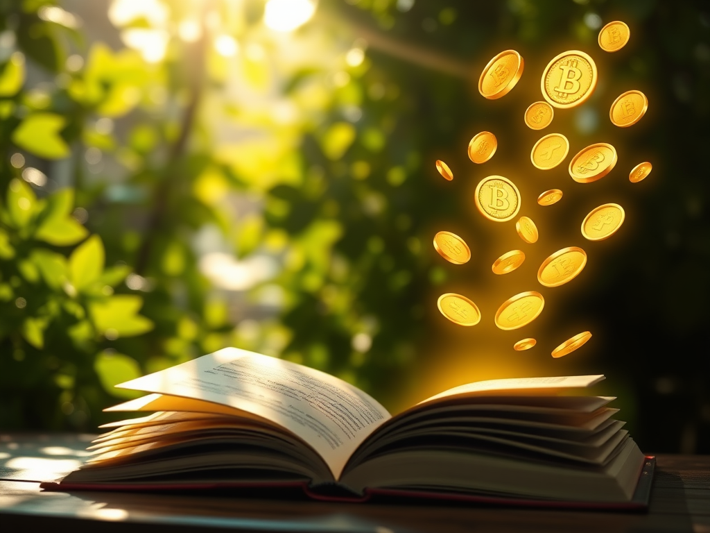 "a peaceful morning scene" "sunlight filtering through lush green leaves" "an open book with glowing words rising" "golden coins gently floating upward" "a serene figure meditating surrounded by soft light"