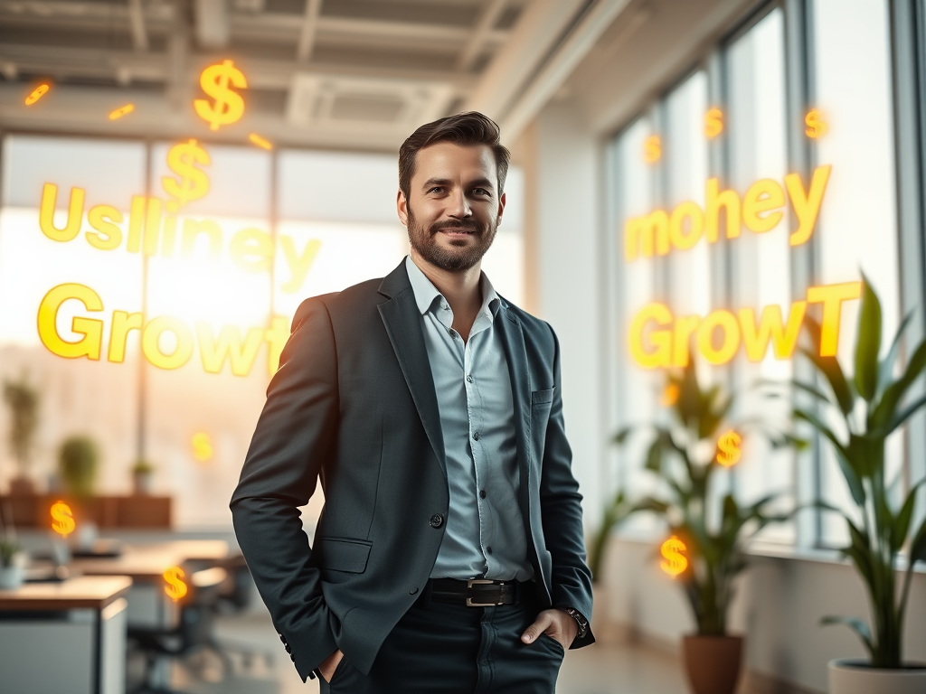 "a confident entrepreneur standing in a bright office" "glowing golden words floating around" "symbols of money and growth gently glowing" "calm, focused expression" "soft sunlight streaming through large windows"