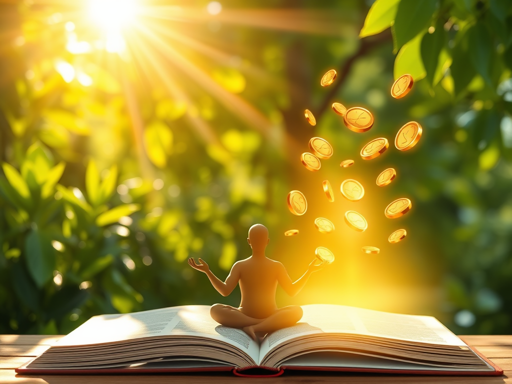 "a peaceful morning scene" "sunlight filtering through lush green leaves" "an open book with glowing words rising" "golden coins gently floating upward" "a serene figure meditating surrounded by soft light"