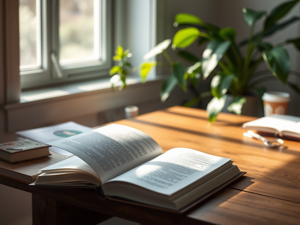 A serene, cozy workspace with "an open book on a wooden desk," soft natural light streaming through "a nearby window," and "green plants" in the background.