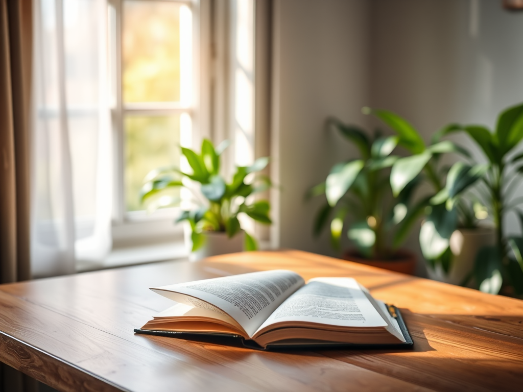 A serene, cozy workspace with "an open book on a wooden desk," soft natural light streaming through "a nearby window," and "green plants" in the background.