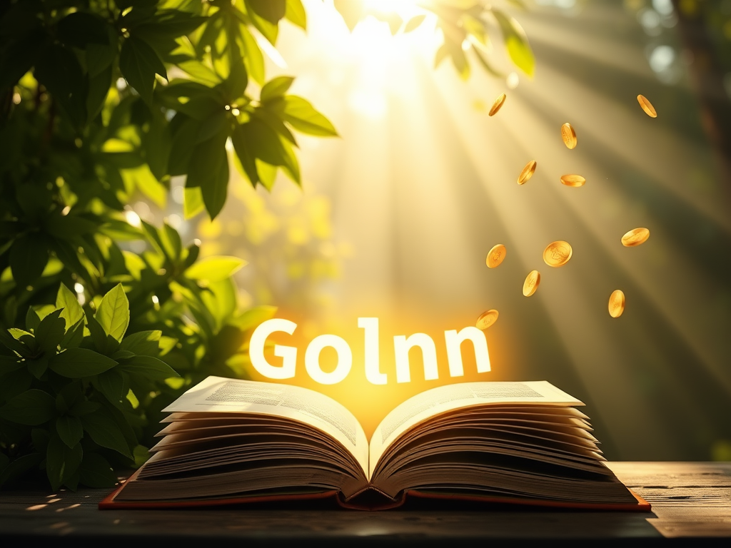 "a peaceful morning scene" "sunlight filtering through lush green leaves" "an open book with glowing words rising" "golden coins gently floating upward" "a serene figure meditating surrounded by soft light"