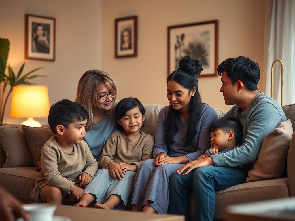 A gentle, comforting living-room scene showing diverse parents speaking softly to children of various ages about loss; warm lighting, supportive atmosphere, subtle healing symbols.