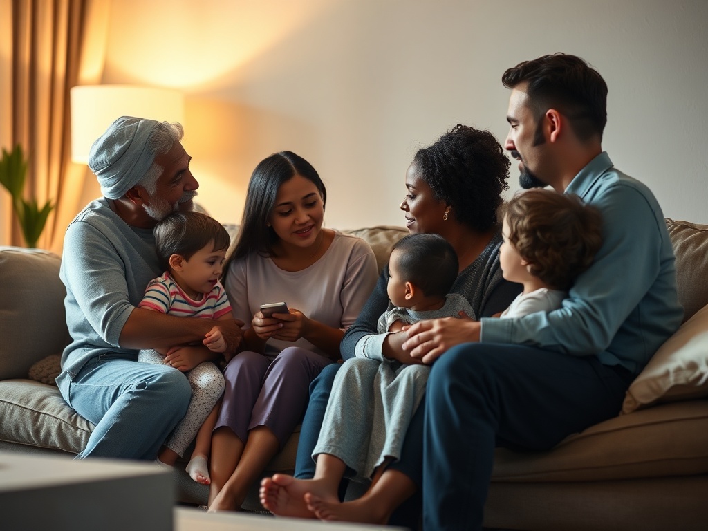 A gentle, comforting living-room scene showing diverse parents speaking softly to children of various ages about loss; warm lighting, supportive atmosphere, subtle healing symbols.