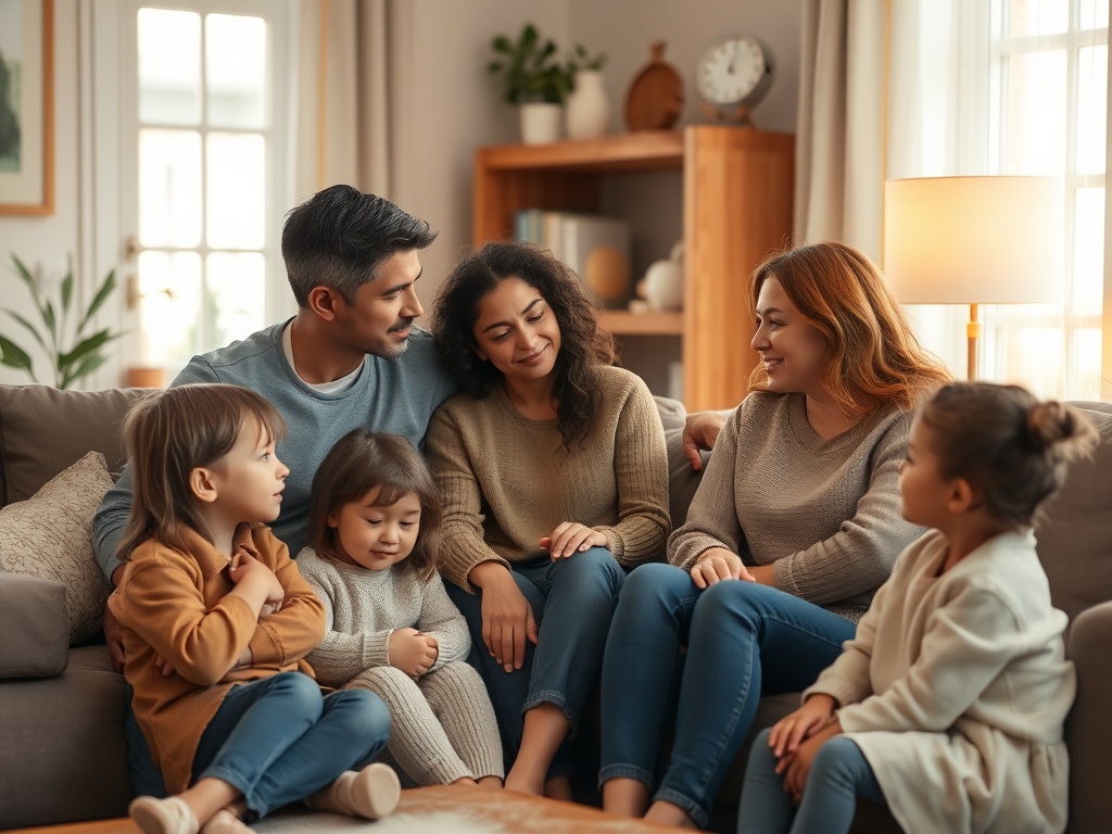 A gentle, comforting living-room scene showing diverse parents speaking softly to children of various ages about loss; warm lighting, supportive atmosphere, subtle healing symbols.