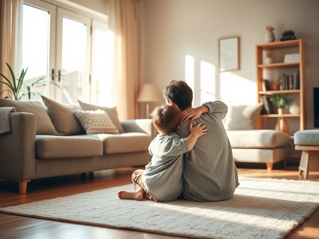 A gentle, sunlit living room where a parent and child sit close on a soft rug, sharing a comforting hug; warm colors, calm atmosphere.