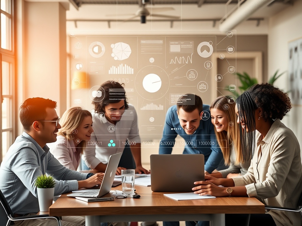 "modern small business office" "diverse entrepreneurs collaborating around laptop" "digital holographic AI interface floating above desk" "flowcharts, dashboards, and icons subtly glowing" "warm natural light, optimistic, professional atmosphere"