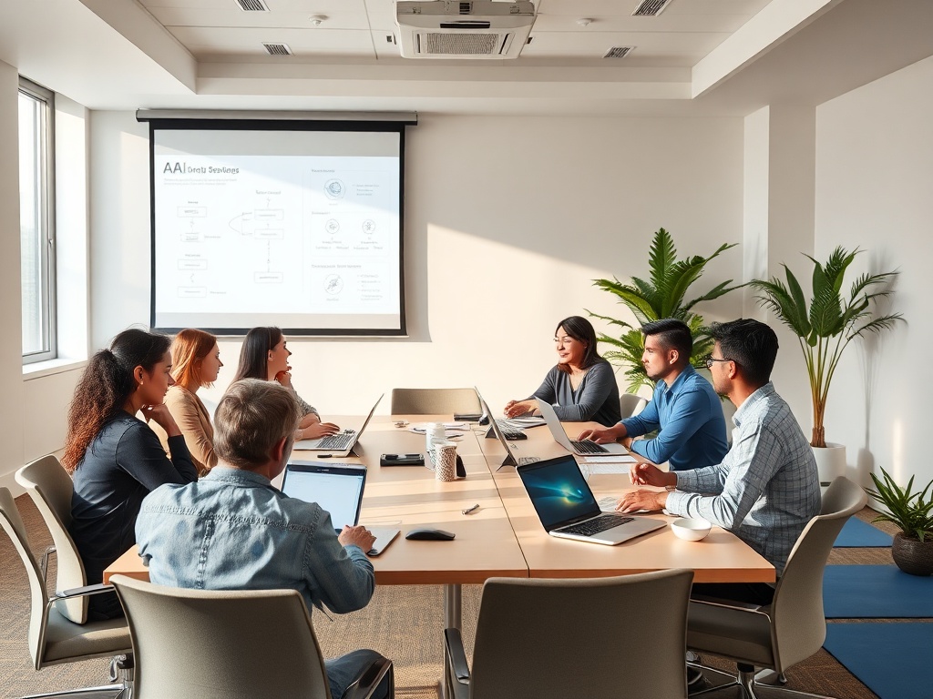 "Conference room workshop" "diverse professionals around table with laptops" "projector displaying AI workflow diagrams" "soft morning light" "plants and yoga mats in corner"