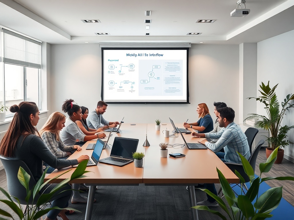 "Conference room workshop" "diverse professionals around table with laptops" "projector displaying AI workflow diagrams" "soft morning light" "plants and yoga mats in corner"
