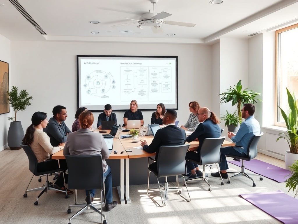"Conference room workshop" "diverse professionals around table with laptops" "projector displaying AI workflow diagrams" "soft morning light" "plants and yoga mats in corner"