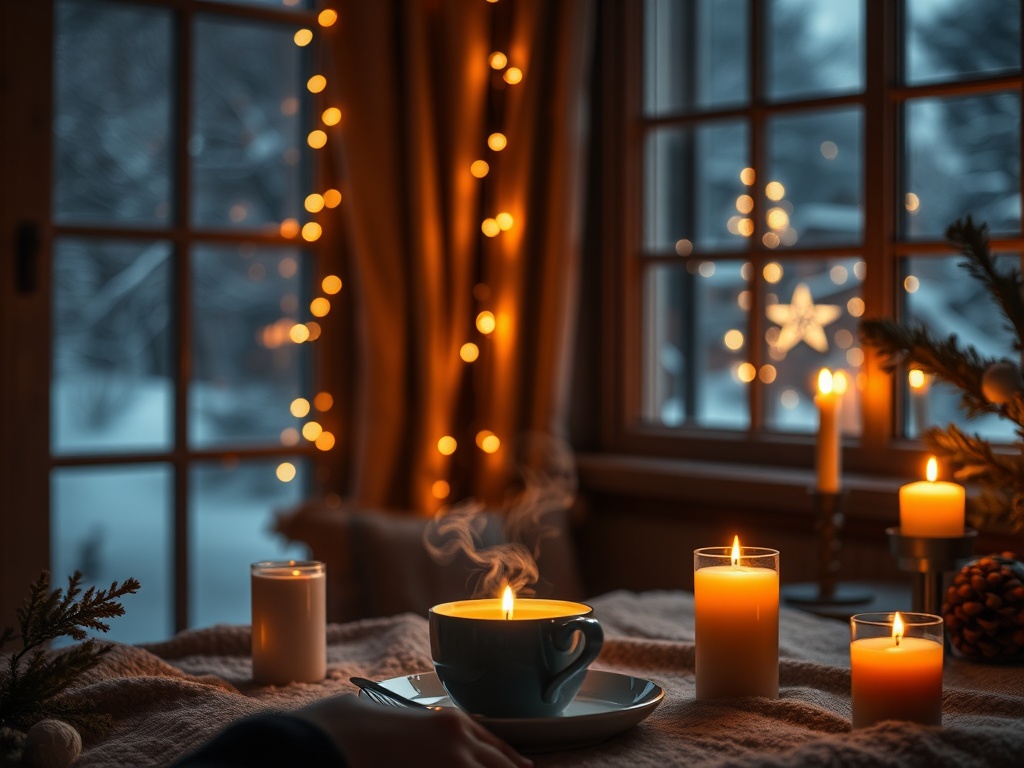 "A serene, cozy holiday scene with a calm person meditating beside twinkling lights, a steaming cup, soft snow outside, warm candlelight, muted colors."