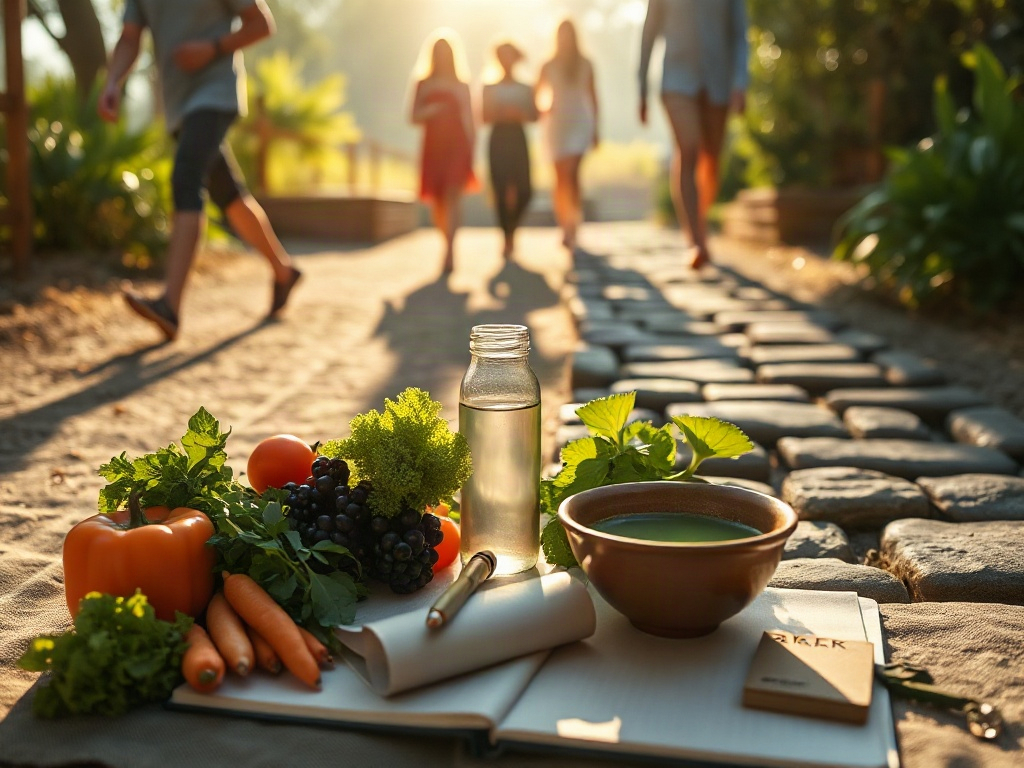 "sunlit linen mat" "fresh vegetables, journal, reusable bottle, matcha bowl" "diverse people walking together" "gentle stepping stones" "calm, sustainable wellness atmosphere"