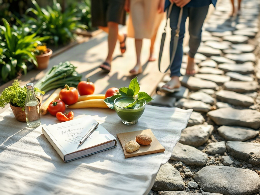 "sunlit linen mat" "fresh vegetables, journal, reusable bottle, matcha bowl" "diverse people walking together" "gentle stepping stones" "calm, sustainable wellness atmosphere"