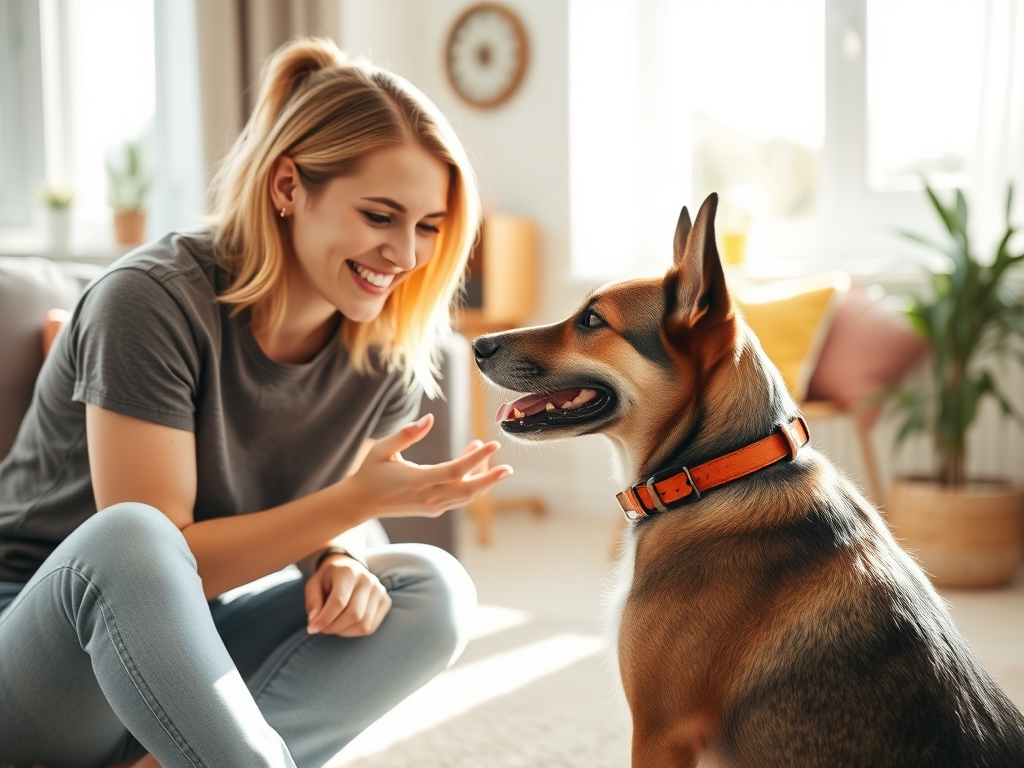 "happy dog owner and calm dog" "bright training session in cozy living room" "close bond, eye contact, gentle touch" "warm natural light, peaceful atmosphere"