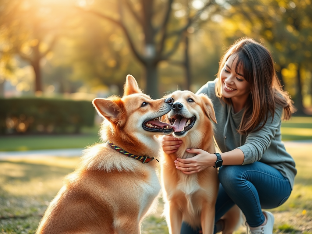 A loving person "training a happy dog" in a "sunlit park," showing "calm body language," with "colorful training tools," and "warm, supportive atmosphere."