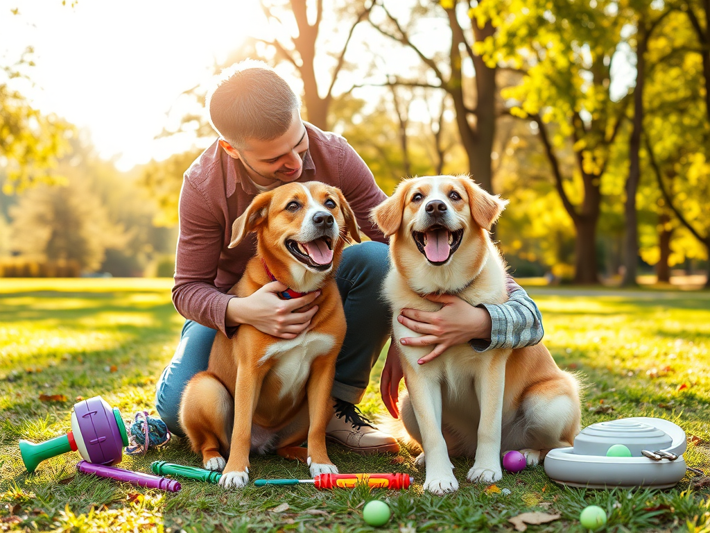 A joyful dog and owner bonding in a sunlit park, surrounded by playful toys, gentle training tools, and peaceful nature, symbolizing trust and connection.