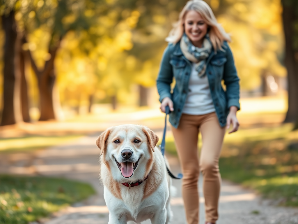 "happy dog owner walking calm dog in sunny park" "gentle leash hold" "smiling faces" "peaceful nature background" "warm, golden light"