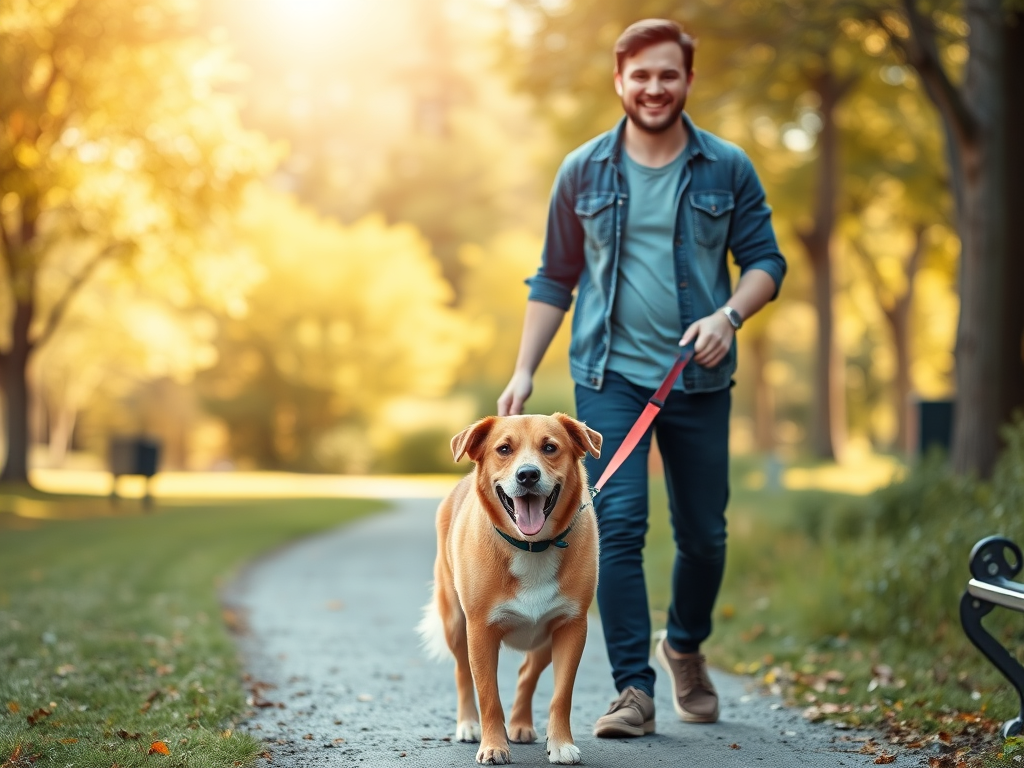 "happy dog owner walking calm dog in sunny park" "gentle leash hold" "smiling faces" "peaceful nature background" "warm, golden light"