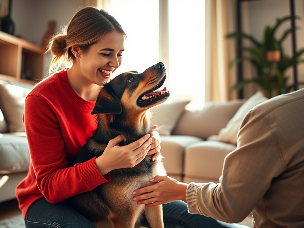 "happy dog owner and calm dog" "bright training session in cozy living room" "close bond, eye contact, gentle touch" "warm natural light, peaceful atmosphere"