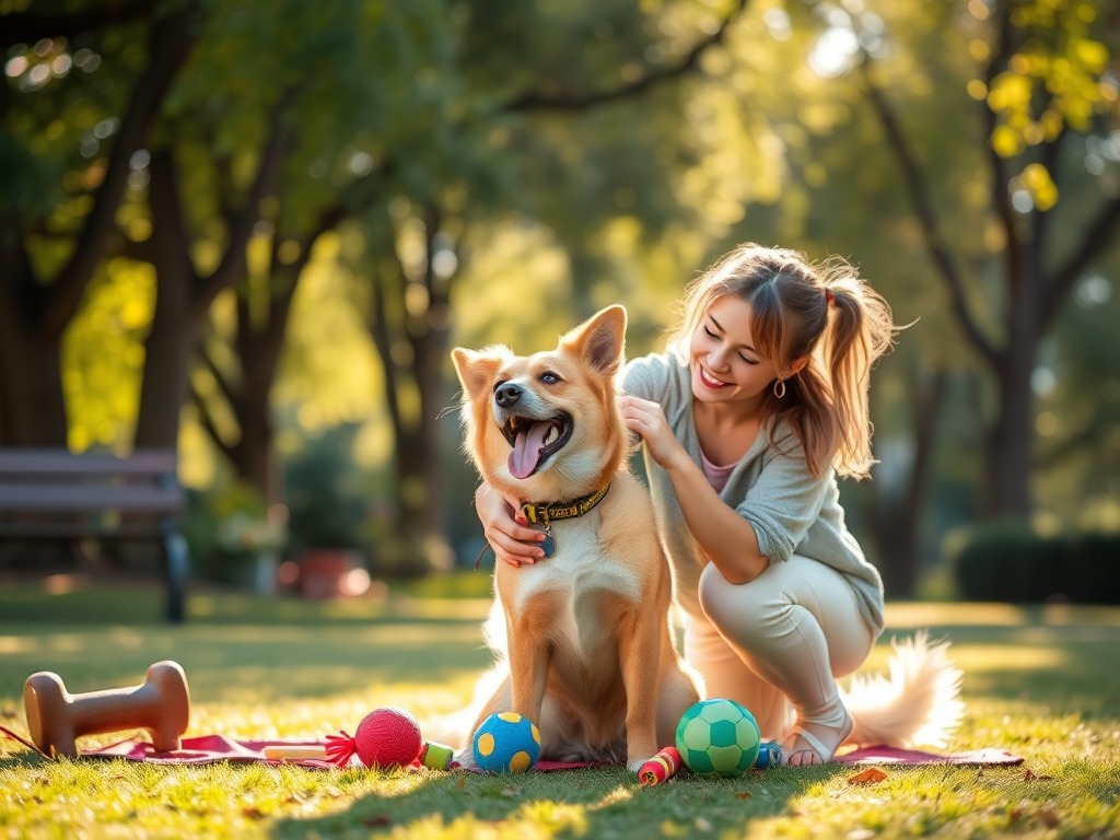 A joyful dog and owner bonding in a sunlit park, surrounded by playful toys, gentle training tools, and peaceful nature, symbolizing trust and connection.