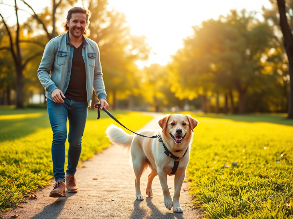 "happy dog owner walking calm dog in sunny park" "gentle leash hold" "smiling faces" "peaceful nature background" "warm, golden light"