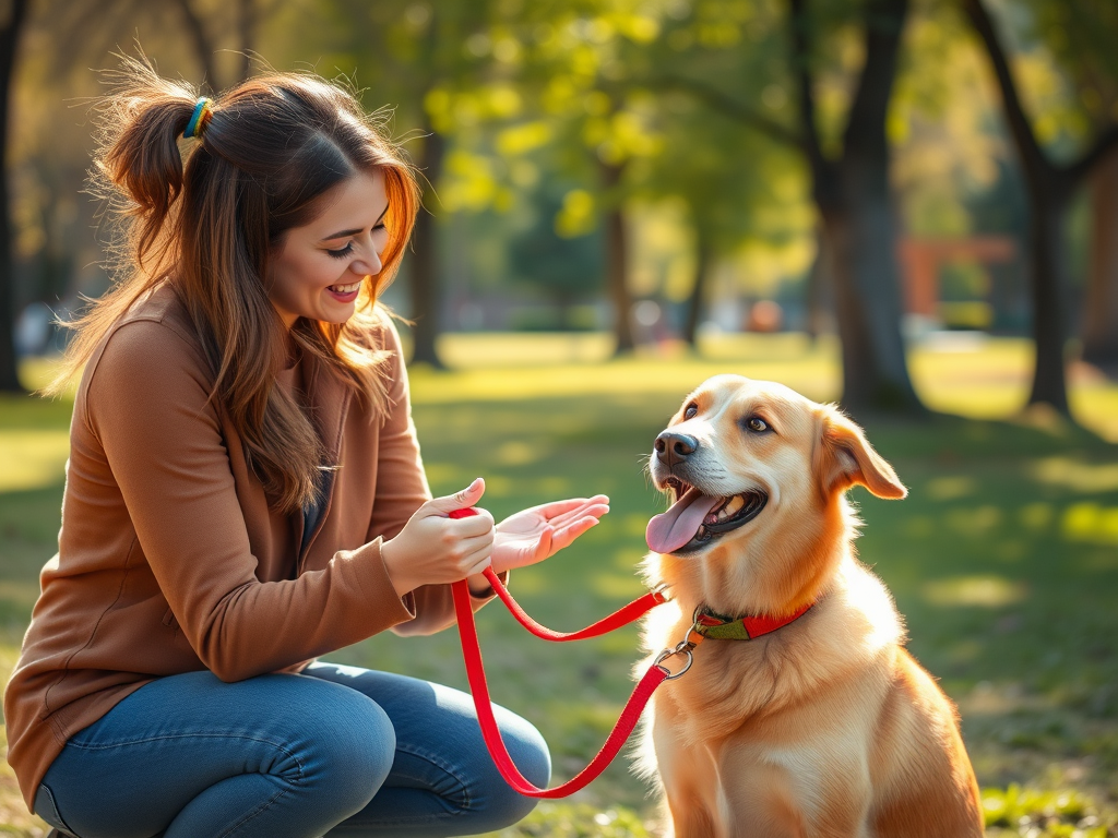A loving person "training a happy dog" in a "sunlit park," showing "calm body language," with "colorful training tools," and "warm, supportive atmosphere."