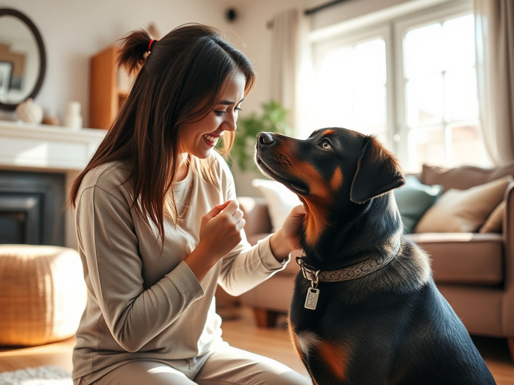"happy dog owner and calm dog" "bright training session in cozy living room" "close bond, eye contact, gentle touch" "warm natural light, peaceful atmosphere"