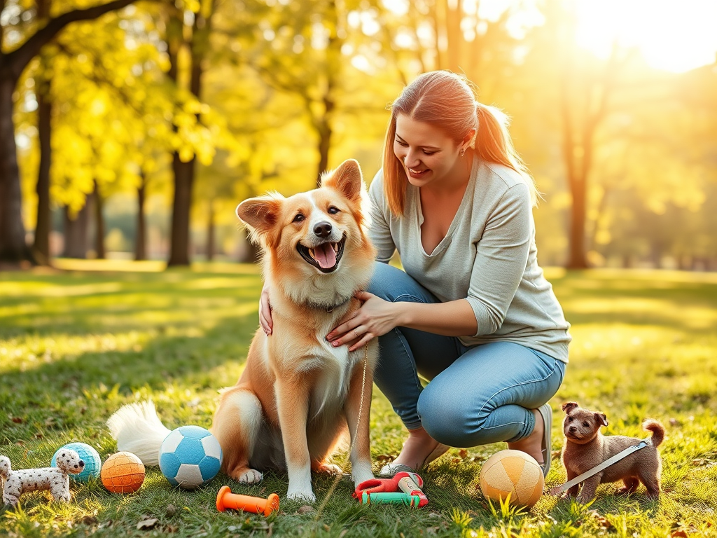 A joyful dog and owner bonding in a sunlit park, surrounded by playful toys, gentle training tools, and peaceful nature, symbolizing trust and connection.